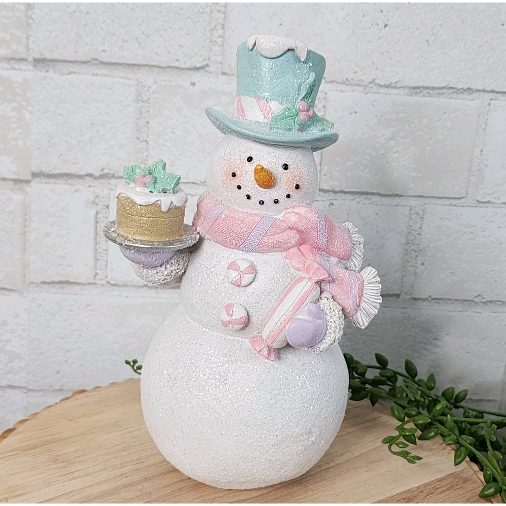 Snowman Sweet Candy Cake Christmas Village Figure Pastel Pink Blue‎ Resin 8" NEW